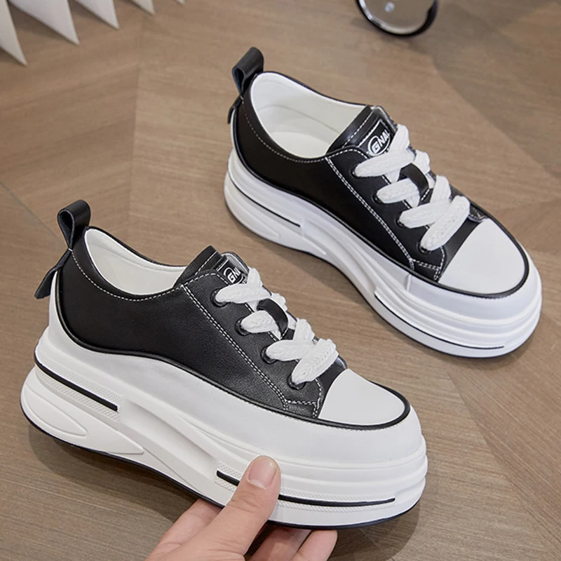 2023 7cm Genuine Leather High Brand Autumn Spring Chunky Sneakers Females Casual Ladies Vulcanize Women Platform Designer Shoes