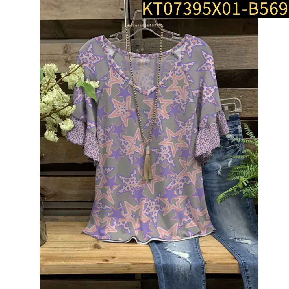 

New Female Purple T-shirts Stars Pattern Fashion y2k Clothes V-neck Patchwork Sleeve Women's Tops