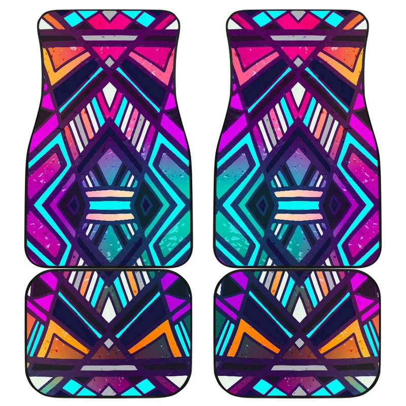 

Ethnic Aztec Trippy Print Front and Back Car Floor Mats Heavy Carpet Front and Rear Full Set 4PCs Pack