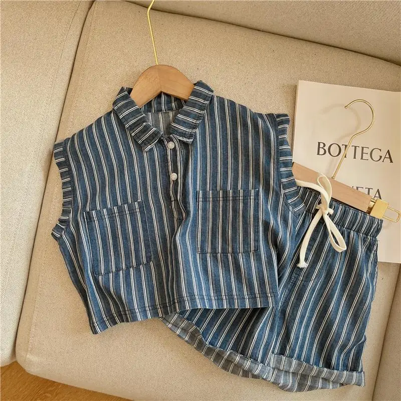 2022 Summer New Children's Striped Suit Thin Boys and Girls Baby Children's Versatile Korean Short Sleeve Suit