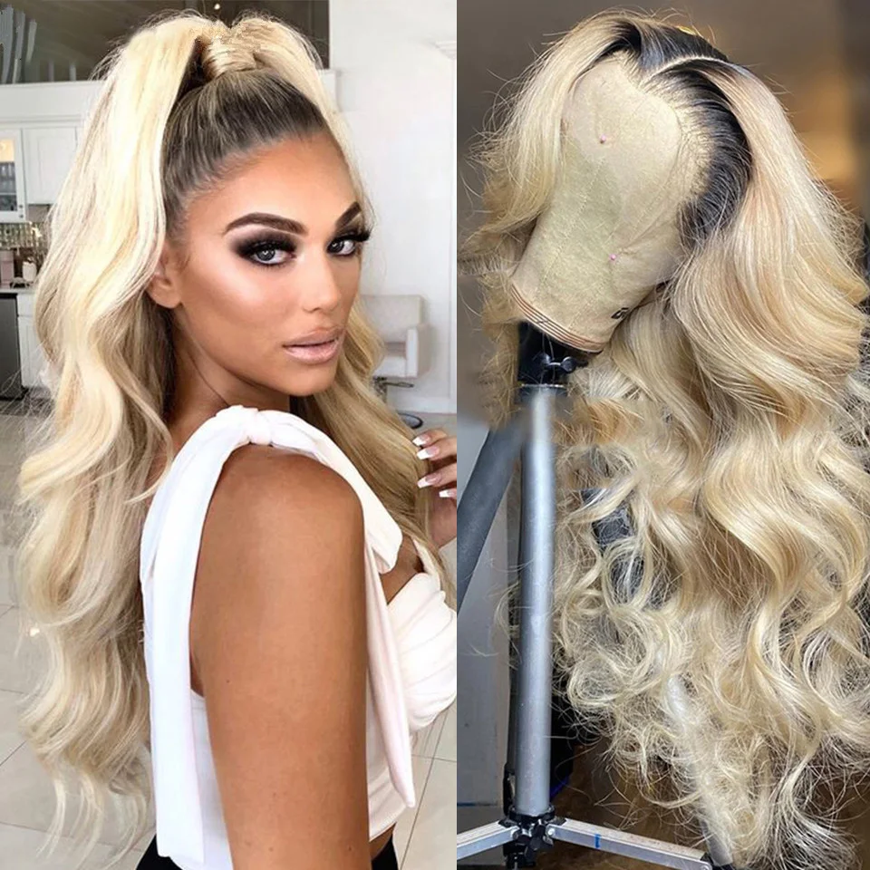 

Preplucked Soft 180%Density 26Inch Ombre Blonde 613 Body Wave Long Natural Hairline Glueless Lace Front Wig For Women Babyhair