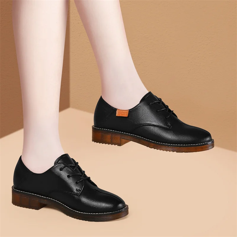 

Women's shoes Genuine Leather lace-up Platform high heel Round toe platform Oxfords shoes British style tooling shoes soft sole