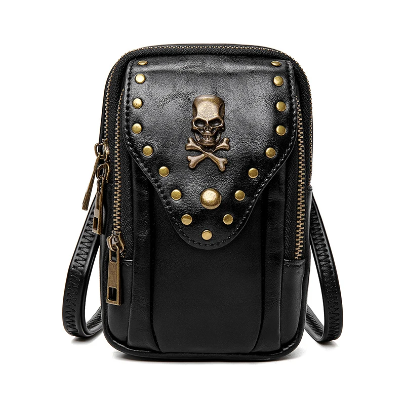 

Gothic Mini Crossbody Bag Punk Skull & Studded Decor Phone Purse Vintage PU Leather Shoulder Bag