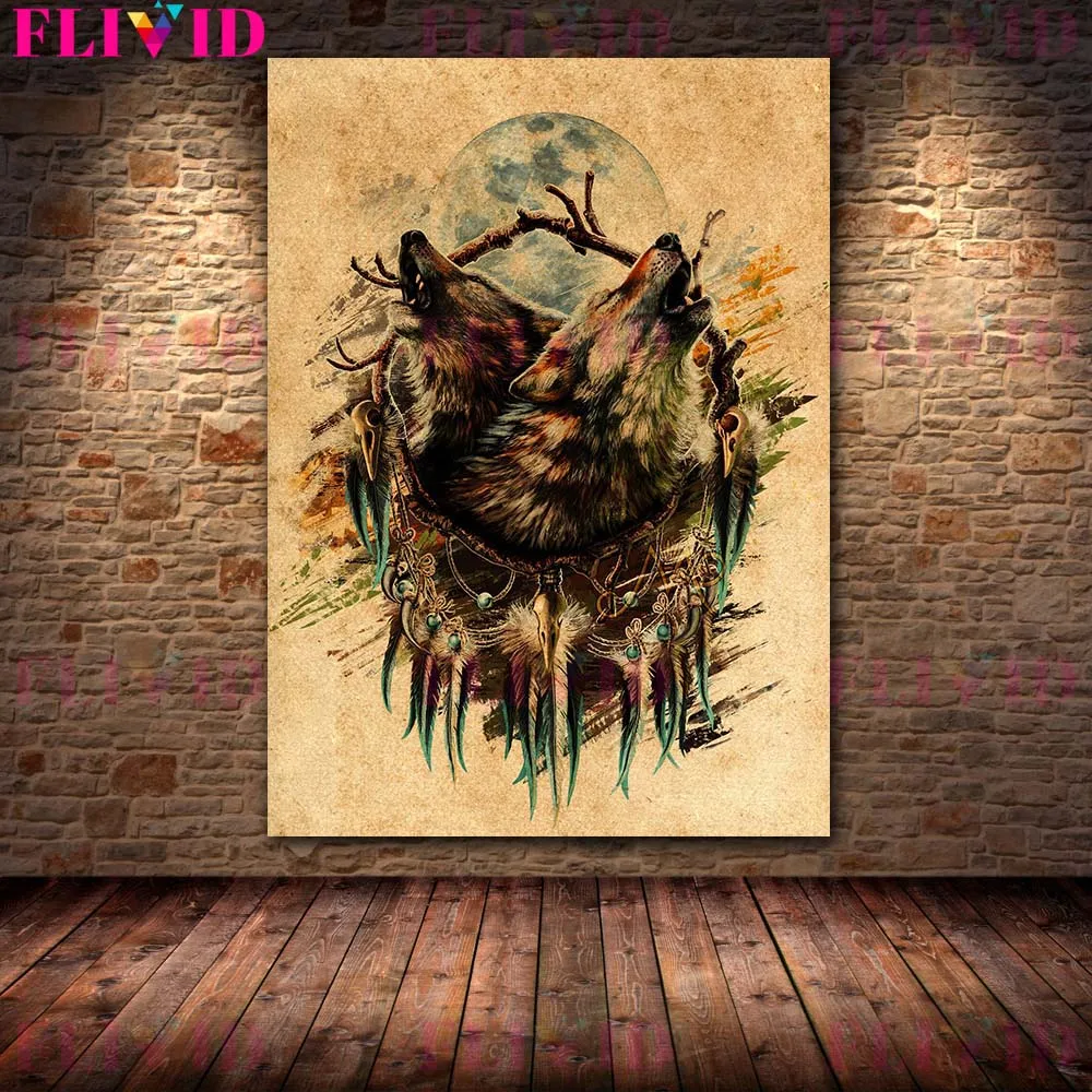 Винтажная Картина на холсте Сова и ворота времени ведьма волк мертвая кость