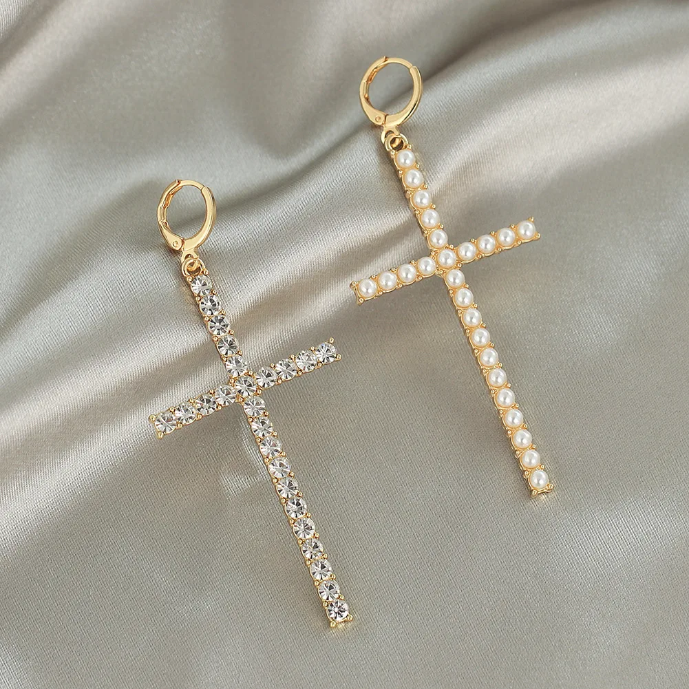 

Korean Fashion Pearl Drop Earrings 2023 New Trendy Crosses Pendant Long Hanging Women Jewelry Accessories Gifts