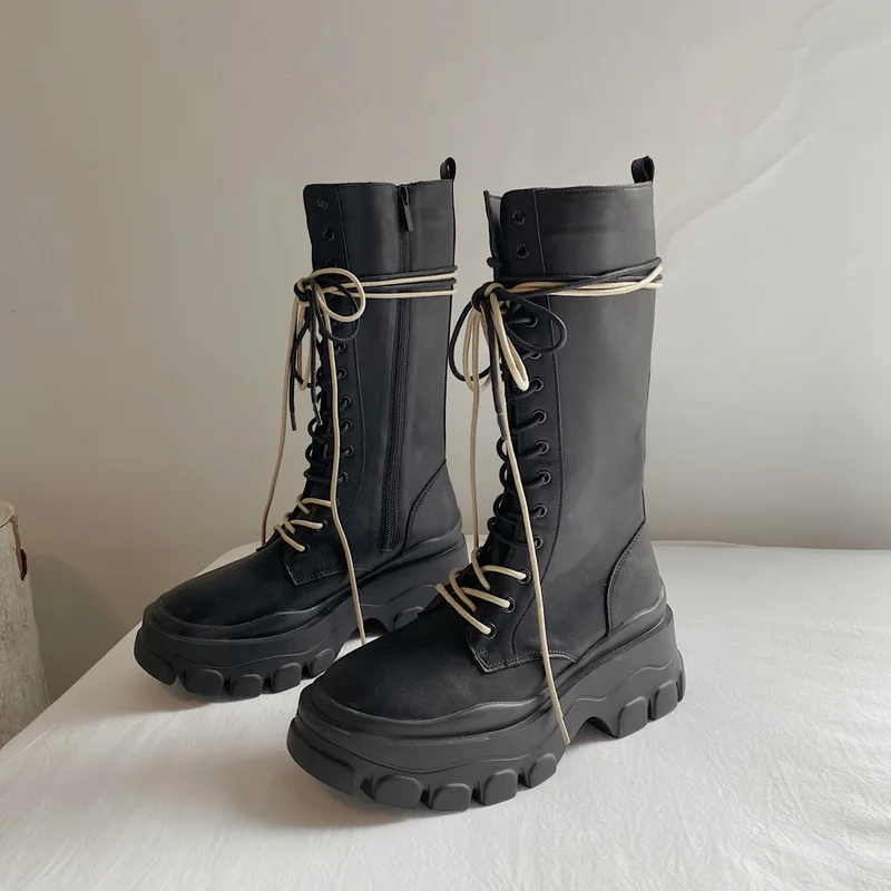 Brand New Ladies Hot Cross-tied HeelsPlatform Boots Genuine Leather WomanShoes Fashion FemaleMotorcycles Boots Shoes for Women