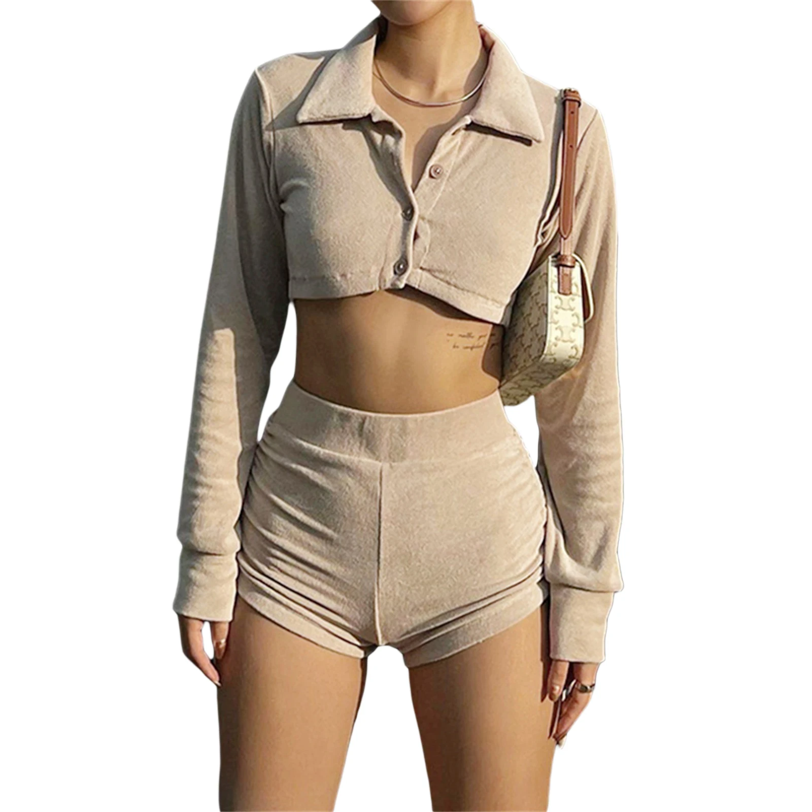 

Women Clothing Casual Wear Set Lapel Button Up Long Sleeve Cropped Tops and High-waist Drawstring Ruched Shorts