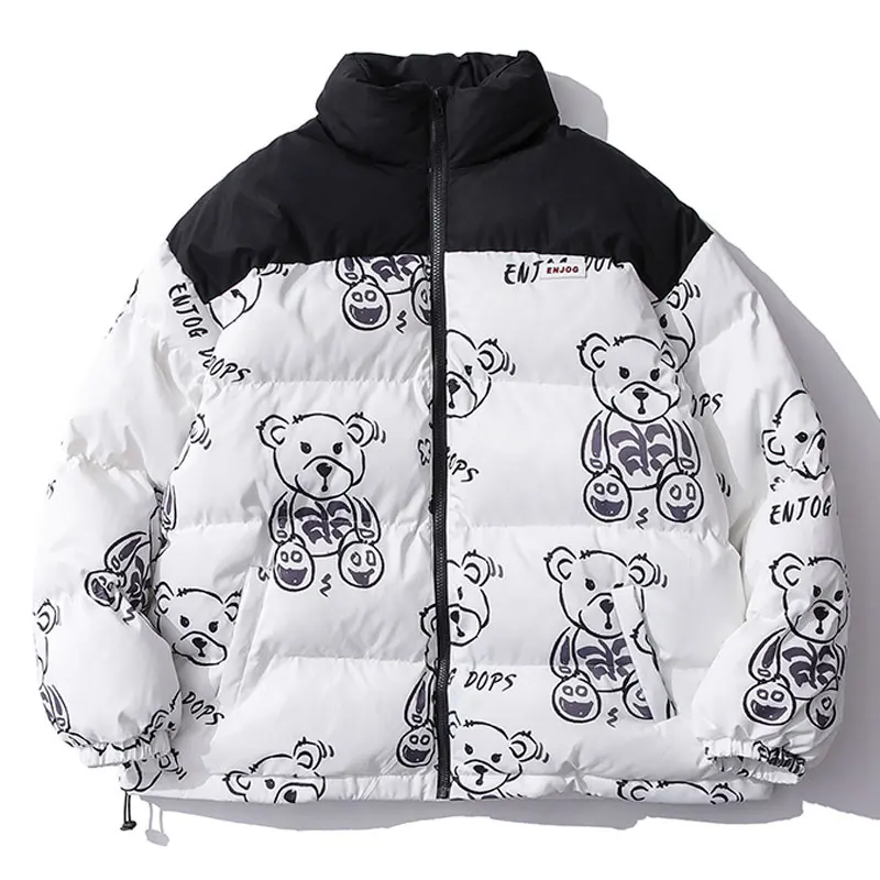 Men's Couples Winter Warm Jacket Thick Coat Patchwork Cartoon Bear Heated Padded Puffer Jacket Oversized Parka Men's Clothing