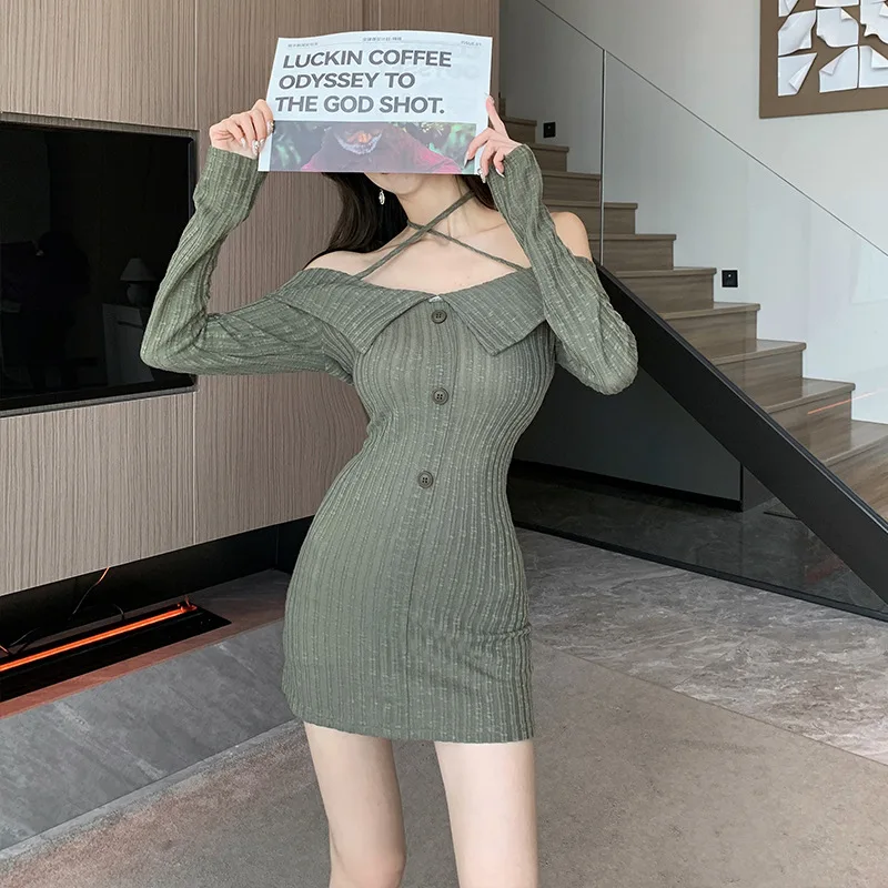 

2023 Fall Winter New Style One-shoulder Waist Slim Sexy Hip Dress Cross Strap Halter Sweet and Spicy Long-sleeved Dress Women
