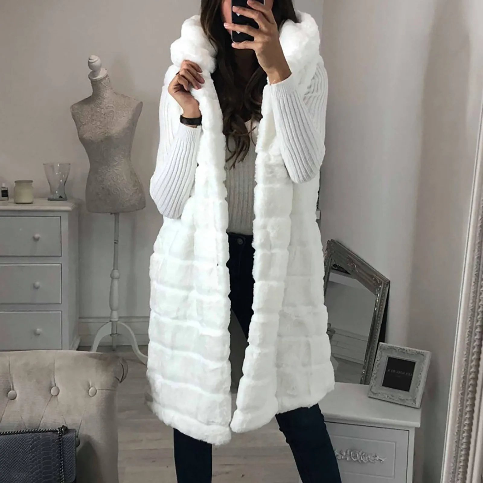 Ladies Jacket Long Faux Fur Vest Coat Cardigan Warm Waistcoat Casual Women's Solid Hooded Ladies Vest Imitation Fur vest Jacket