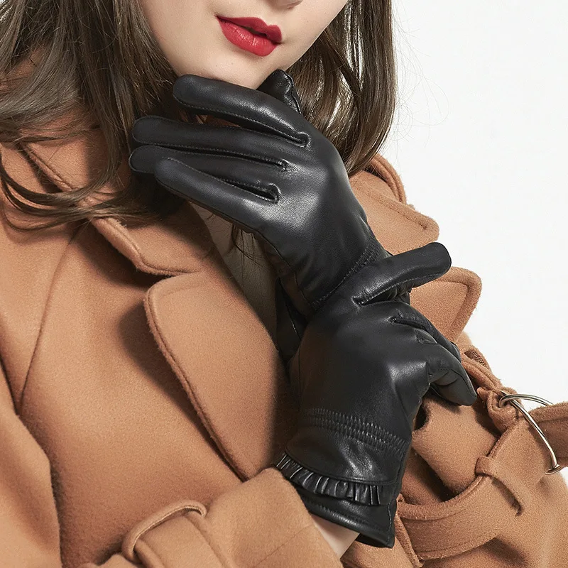 Winter Warm Women Genuine Sheepskin Leather Gloves Plus Velvet Full Finger Black Ruffle Mittens