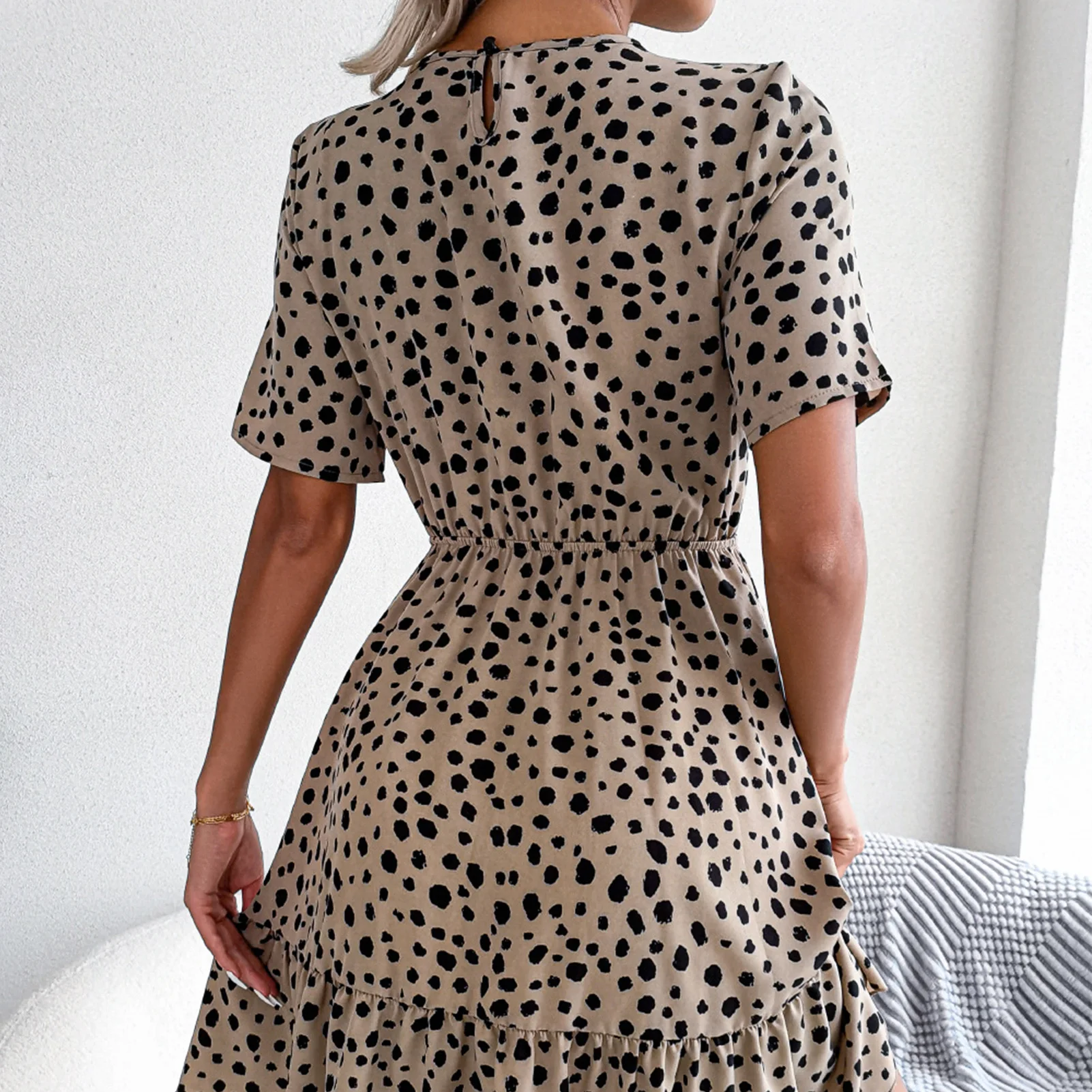 

Polka Dot Short Sleeve Dress Ruffle Large Swing Summer Beach Dresses Fashion European Elegant Soft Breathable for Cocktail Party