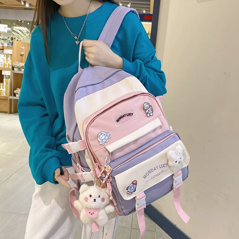 

Kawaii Backpack Women Waterproof Multi-Pocket Nylon Schoolbag for Student Girls Cute Laptop Backpacks Female Badge Book Mochilas