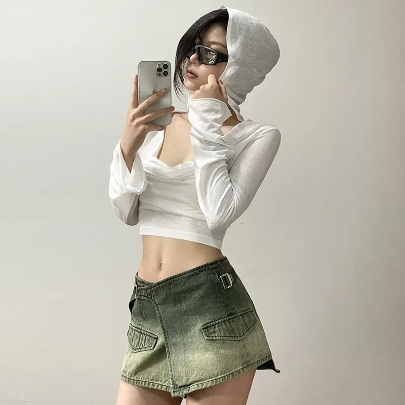 

2023 Summer New Women's Fashion Sexy Solid Color Pleating Hooded Slim Fit Waist Exposed Navel Sun-Protective Clothing Hooded