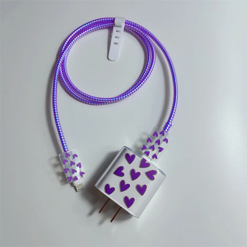 

Purple Print Style USB Cable Protection For iphone 11 12 18/20W Fast Charger Protector Cover Data Line Winder Spiral Protective