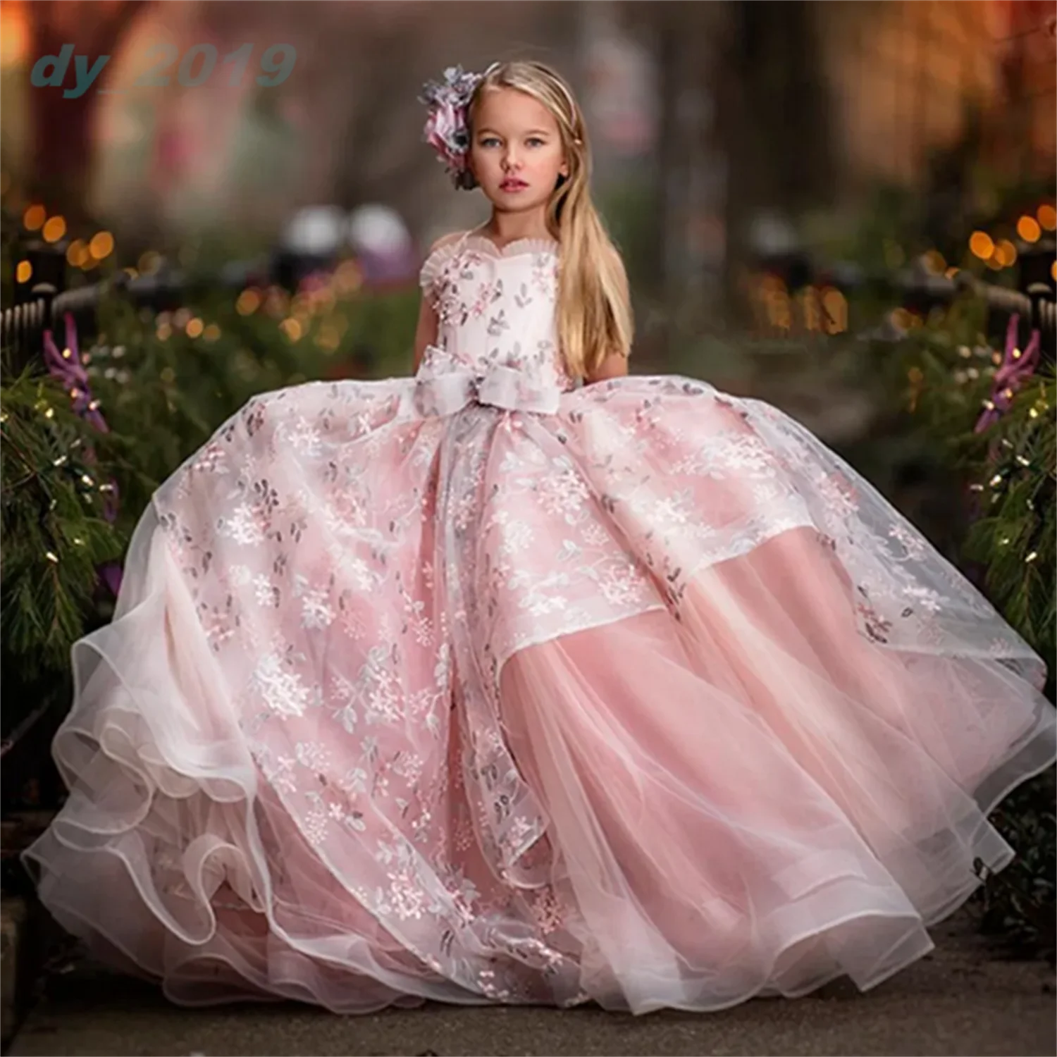 

Blush Pink Lace Flower Girl Dress Bows Children's First Holy Communion Dress Princess Formal Tulle Ball Gown Wedding Party Gowns