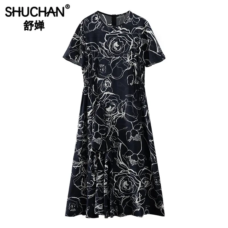 

Print Rose 2023 Summer Dress Women Natural Silk Crepe De Chine LOOSE Mid-Calf O-Neck A-LINE Vestido Feminino