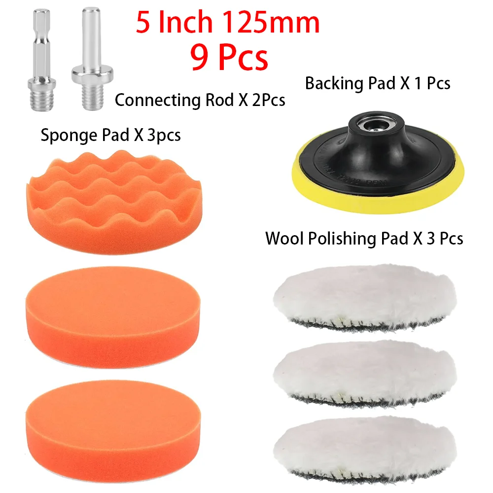 

6/9 шт. 3/4/5-дюймовый набор для полировки автомобиля с вощеной губкой, шерстяная полировальная подушечка для автомобиля, полировщик для красоты кузова, стирка автомобиля