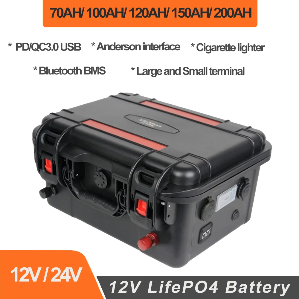 

24V 100Ah Lifepo4 Battery Pack 12V 120AH 150AH 200AH Rechargeable Solar Power 70AH With PD BMS Bluetooth For RV Boat Inverter