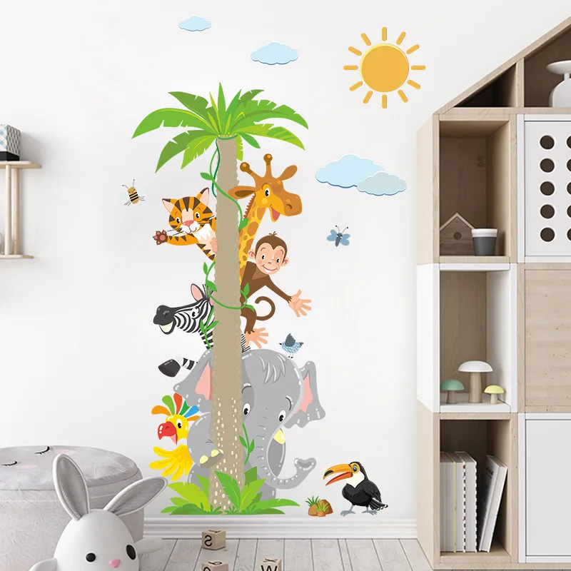 

Cartoon Green Plant Leaf Tree Elephant Giraffe Monkey Stickers For Children's Bedroom Kindergarten Wall Decoration Wall Sticker