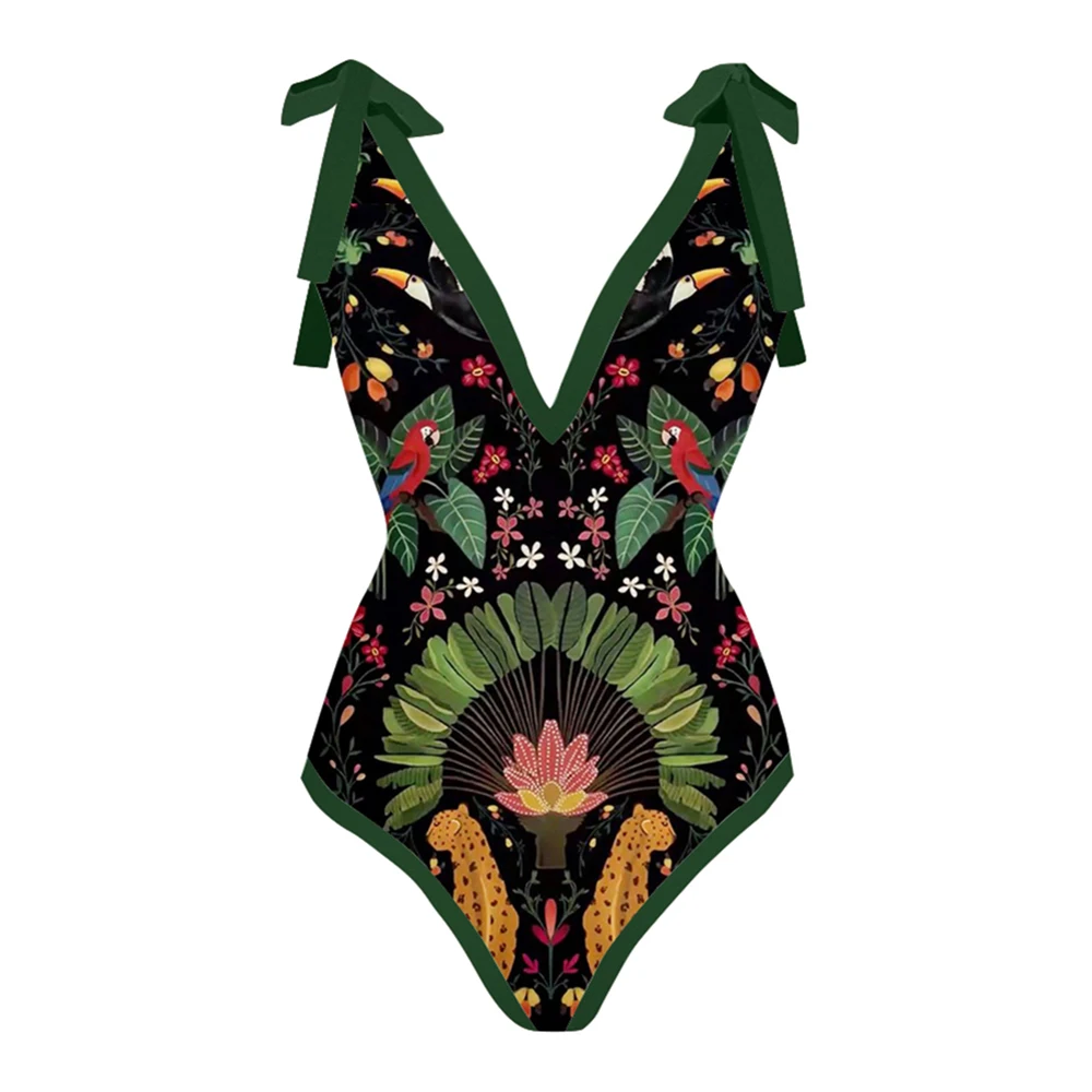 Vintage Print Deep V One Piece Swimsuit Set Summer Beach Sexy Erotic Suit Elegance Luxury Art Print Fashion Pieces for