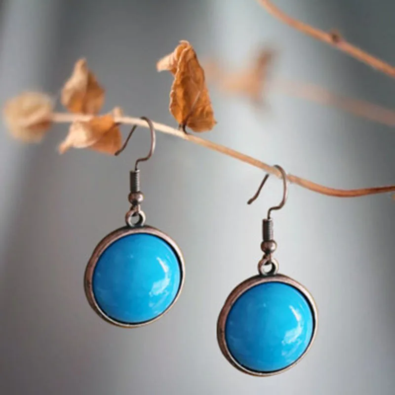 

Simple Big Round Blue Stone Drop Earrings For Women Accessories Bronze Metal Pink White Hook Dangle Earrings Gift