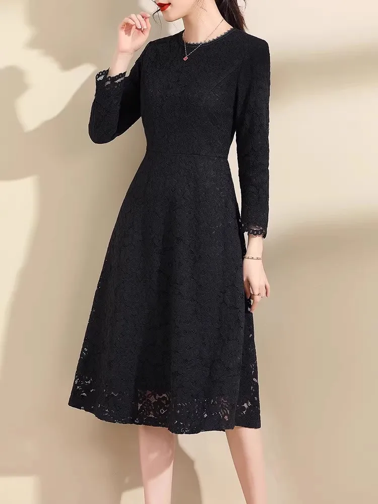 Ink Painting Qinghua 2024 New Winter clothes Elegant Lace Dress Fashion Slim fit Waist Hugging All-Matching A Word Base Skirt