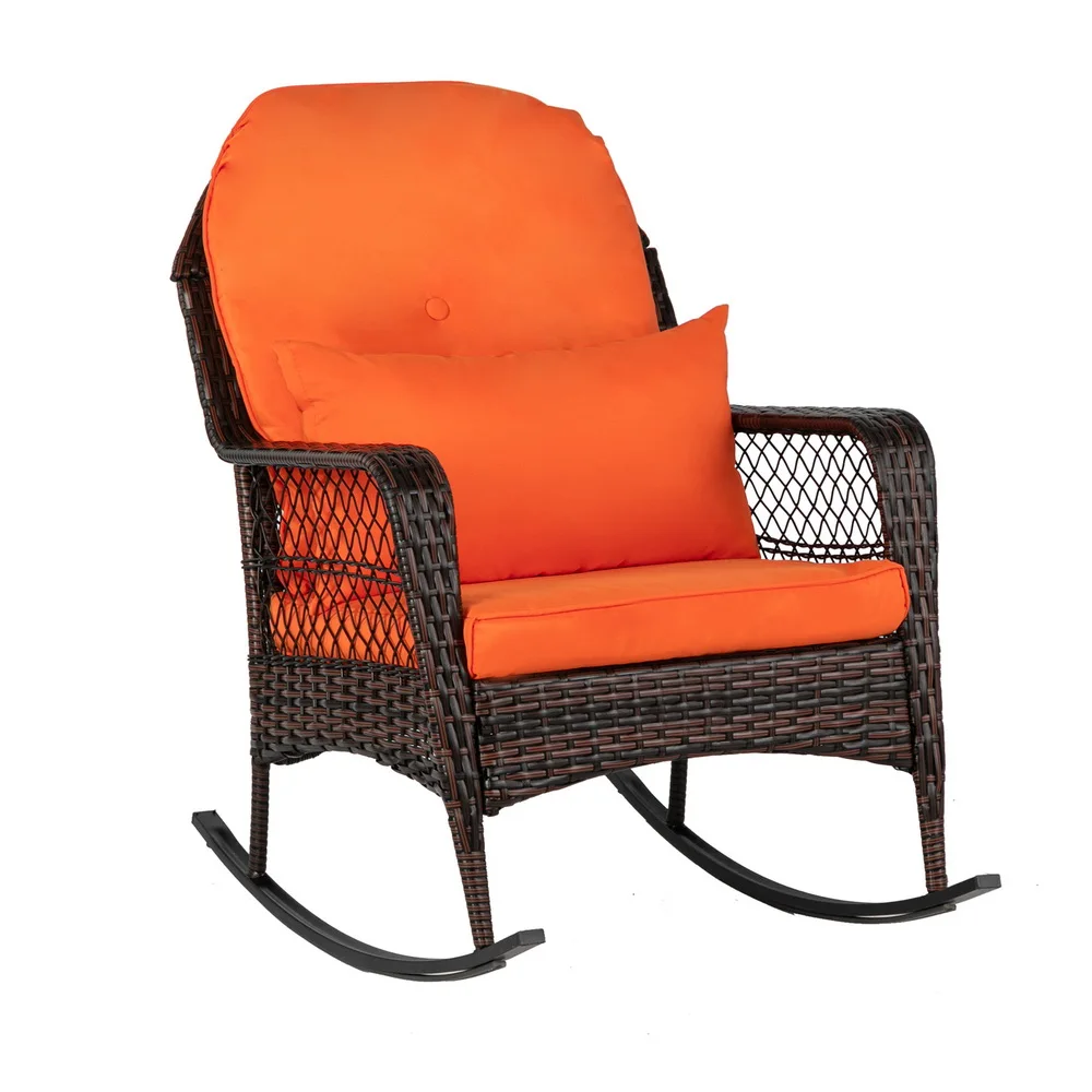 With Sponge  Cushions, Patio Yard Furniture Club Rocker Chair, Black Wicker & Orange Cushions