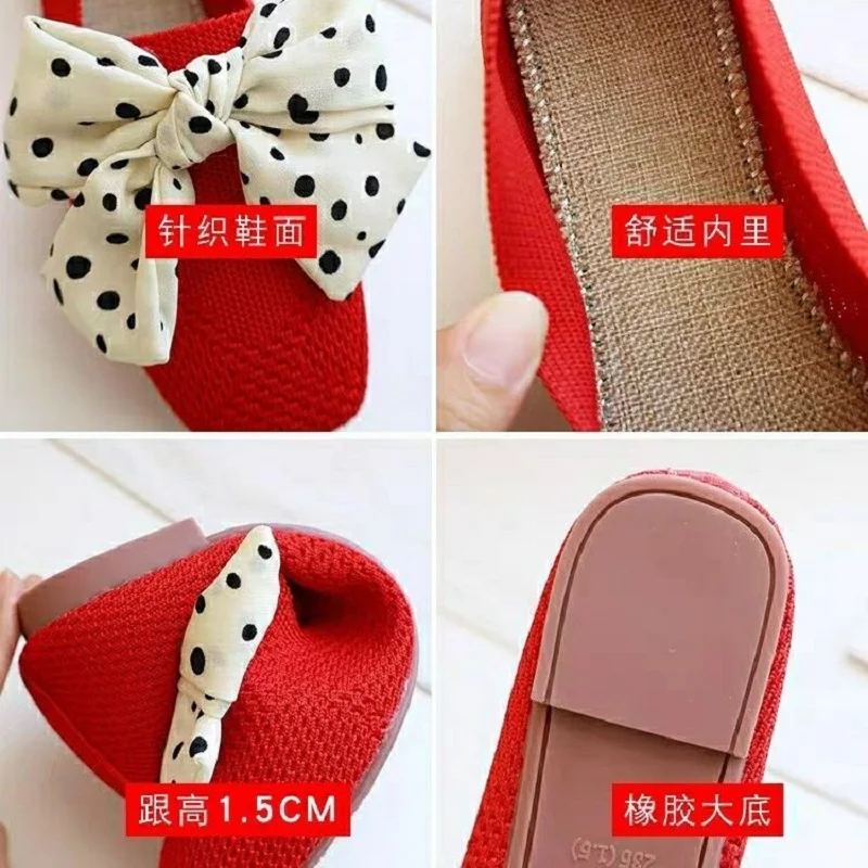 Red square toe flats woman slip on barefoot walking shoes 42 women polka dots bowknot loafers ladies knitted stretch moccasins