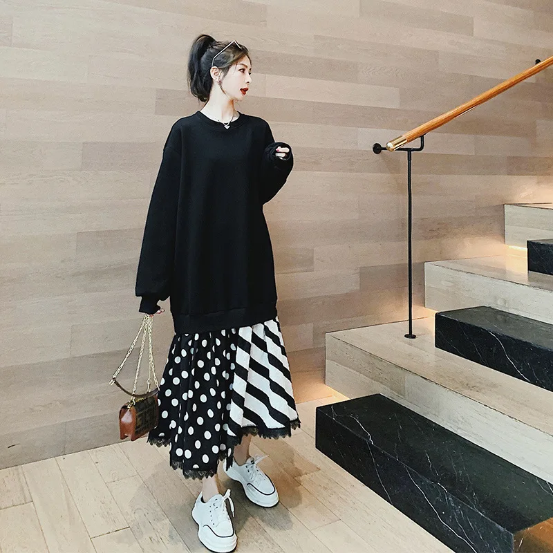 

SuperAen Women Joker Loose Fashion Round Neck Irregular Hem Stitching Lace Side Sweatshirt Dress Women