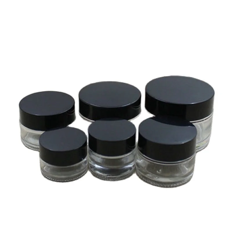 

5G 10G 15G 20G 30G 50G Empty Clear Glass Jar Shiny Black Cover Belt Inside Pad Refillable Bottle Portable Container 15Pieces