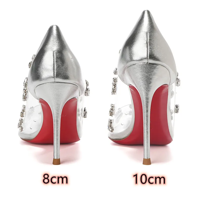 Женские туфли-лодочки на высоком каблуке серебристые прозрачном с ремешком