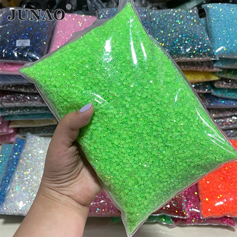 

JUNAO Wholesale Bulk 2 3 4 5 6 mm Jelly Lt.Green AB Color Flatback Resin Rhinestone Non Hotfix Strass For Nail Art Crafts