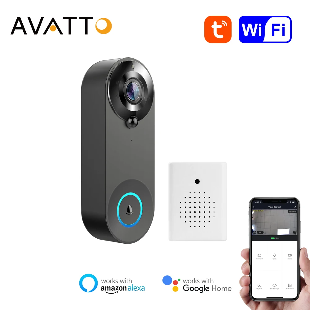

AVATTO WiFi Smart Video Doorbell,Tuya Alarm Wireless Security 1080P Camera Video Intercom Door Bell,Works With Google Home Alexa