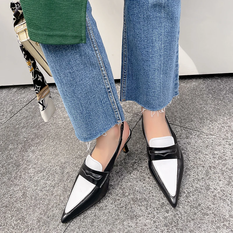 

2022 NEW Spring New Brand Woman Slingback Shoes Fashion Mix Color Ladies Elegant Med Heel Pointed Toe Slip On Sandal Mules Shoe