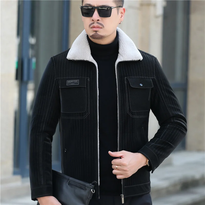 

genuine realWinter 100% middle-aged men's solid color Haining down thickened warm sheep skin short leather jacket loose coat