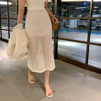 2021 new ladies sexy hollow out elastic knitting slim bodycon skirts women summer elegant high waist split long skirt