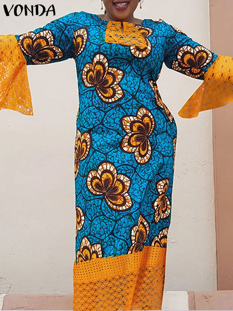 

Элегантное богемное платье VONDA с расширяющимся книзу рукавом 2023 летнее женское сексуальное длинное платье макси с V-образным вырезом и цветочным принтом повседневное кружевное свободное платье