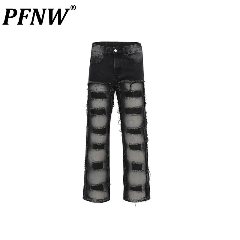 

PFNW Men's Jeans Hole Spring Summer New Fashion High Street Vintage Techwear Trendy Color Contrast Straight Denim Pants 12Z1079
