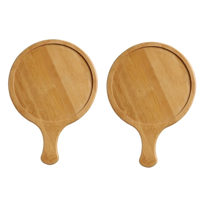 2Pc 14 Inch Bamboo Pizza Serving Tray Round Pizza Cutting Board With Handle Pizza Tray Kitchen Baking Tool