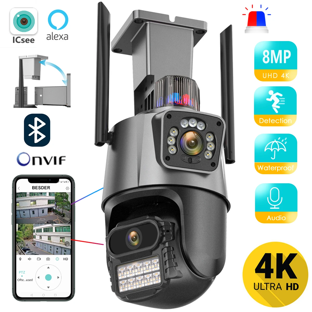 8MP 4K Wifi Camera Dual Lens Security Protection Waterproof Security CCTV Video Surveillance Camera Police Light Alarm IP Camera