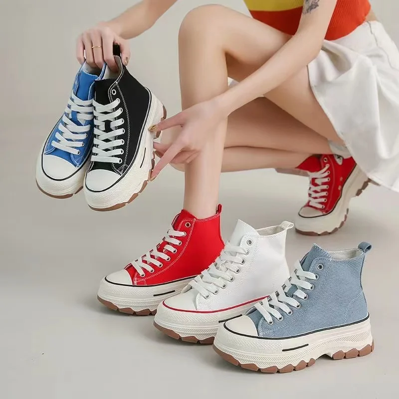 

Women Canvas Shoes High Top Vulcanize Shoes Lace Up Casual Sneakers Plarform Height Increasing Girl Shoes Female Ankle Boots