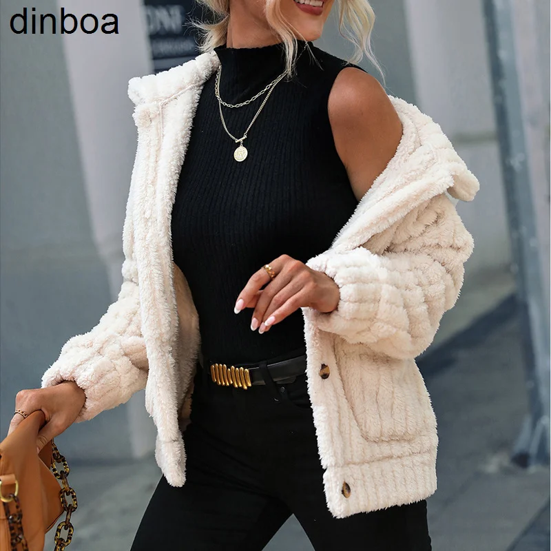 

Dinboa-woman's Heavy Cropped Jackets Harajuku Y2k Oversize Thick Double Sided Fleece Winter Coat Button Up Chic Fashionouterwear