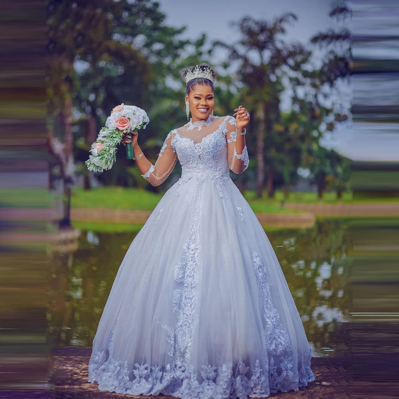 Fashion High Neck  Lace Applique Wedding Dresses Vestido De Noiva Court Train Plus Size Long Sleeves  Country Style Bridal Gowns