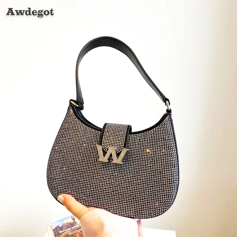 

Luxury Rhinestone Underarm Bag for Women 2022 Trend W Lock Shoulder Handbag Female Small Dinner Purse Imitation Bling Lady Totes