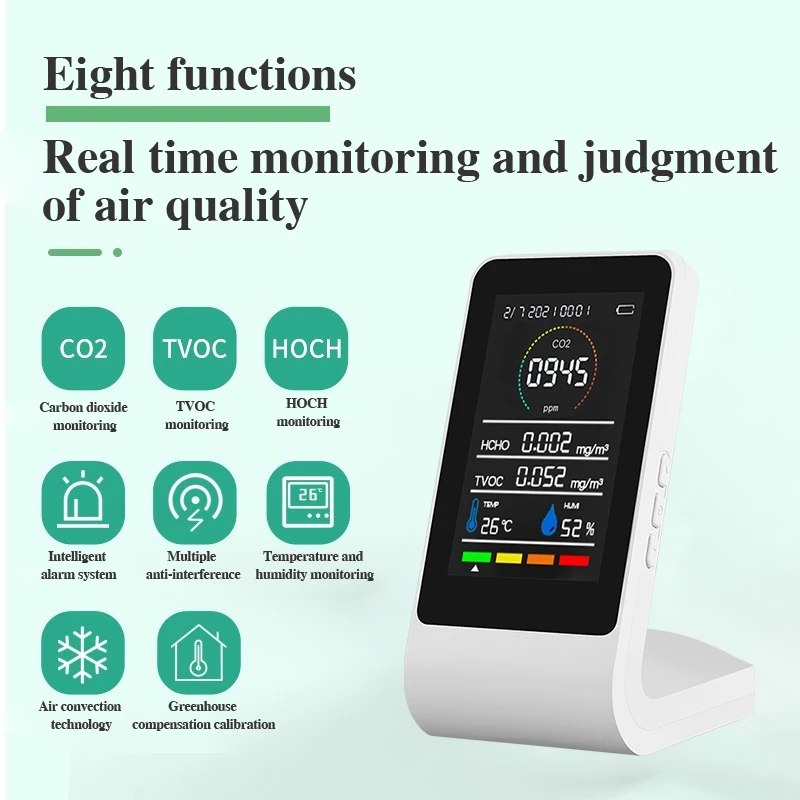 

CO2 Tester LCD Color Screen Carbon Dioxide TVOC Formaldehyde Value Electricity Quantity Humidity Meter Air Quality Detector