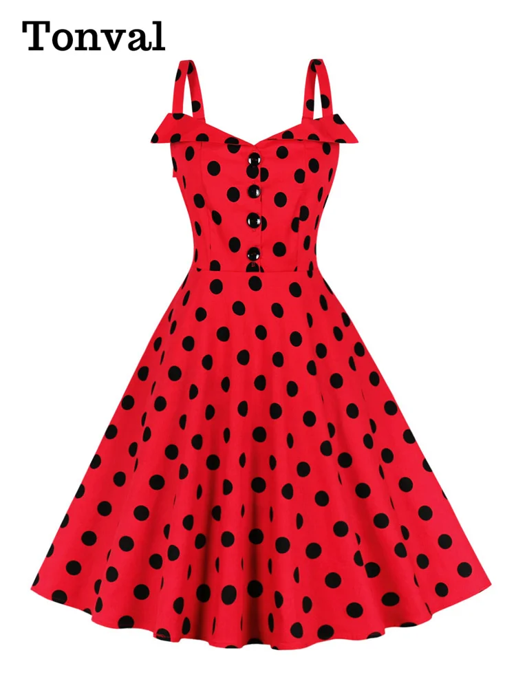 Tonval-vestidos de algodón con tirantes finos y botones para mujer, vestidos de lunares Vintage para verano 2022, vestido rojo Rockabilly Retro de los años 50