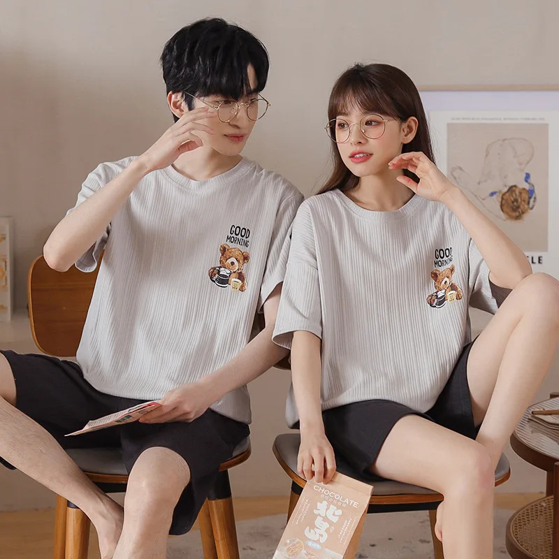 Men Summer Shorts Sleep Top Cotton Pajamas Set Women Plus Size Pijamas Suit Couples Homewear Female Male Home Clothing Nightwear