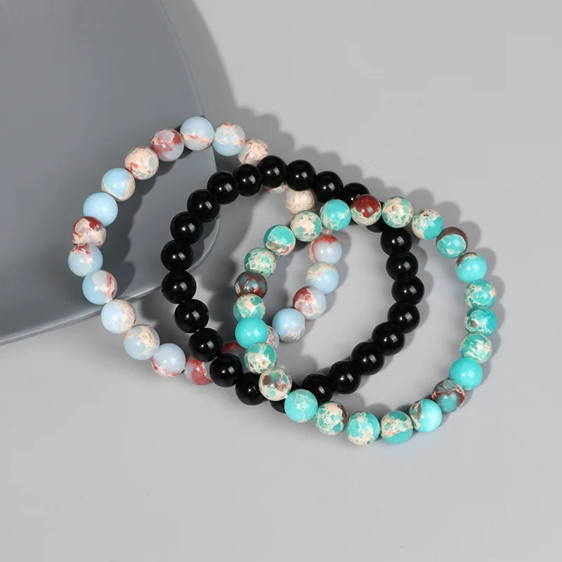 3pcs Beaded Bracelet 8mm Black Onyx Rhodonite Cat Eye Stone Beads Bracelets Set for Women Men Elastic Energy Jewelry - купить по