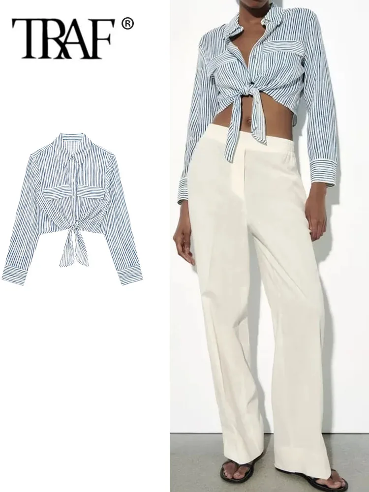 

TRAF Blue Striped Shirts For Women Button Up Cropped Shirt Streetwear Knotted Long Sleeve Top Female Summer Short Shirt Woman